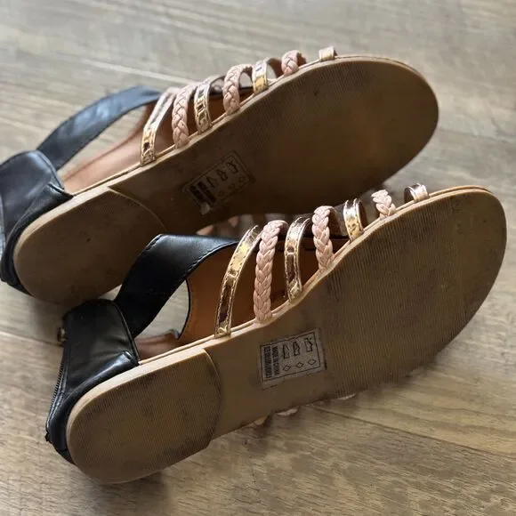 Qupid Gladiator Sandals Women's 6.5 Black Gold Pink Braided Flat Zip - Picture 7 of 7